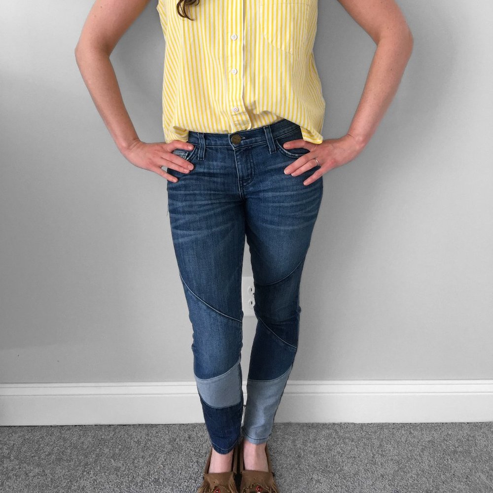 Indigo Skinny JEANS Patchwork Detail & Distressing by Current/Elliott, Clearance